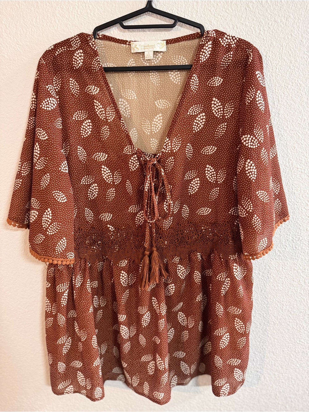 Suzanne Betro Size: S/ Rust Brown Printed Tie-Front Women’s Tunic